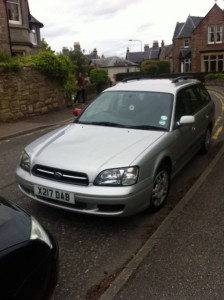 Car for sale! 15yo Subaru Legacy. 132k miles, 12 mth MOT. Real workhorse, perm 4WD. Silver with one red wing mirror. Scratches and bruises, but loved. £900.